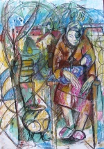 Grandma with baby in the garden, Mixed media, 2016, 70x50cm